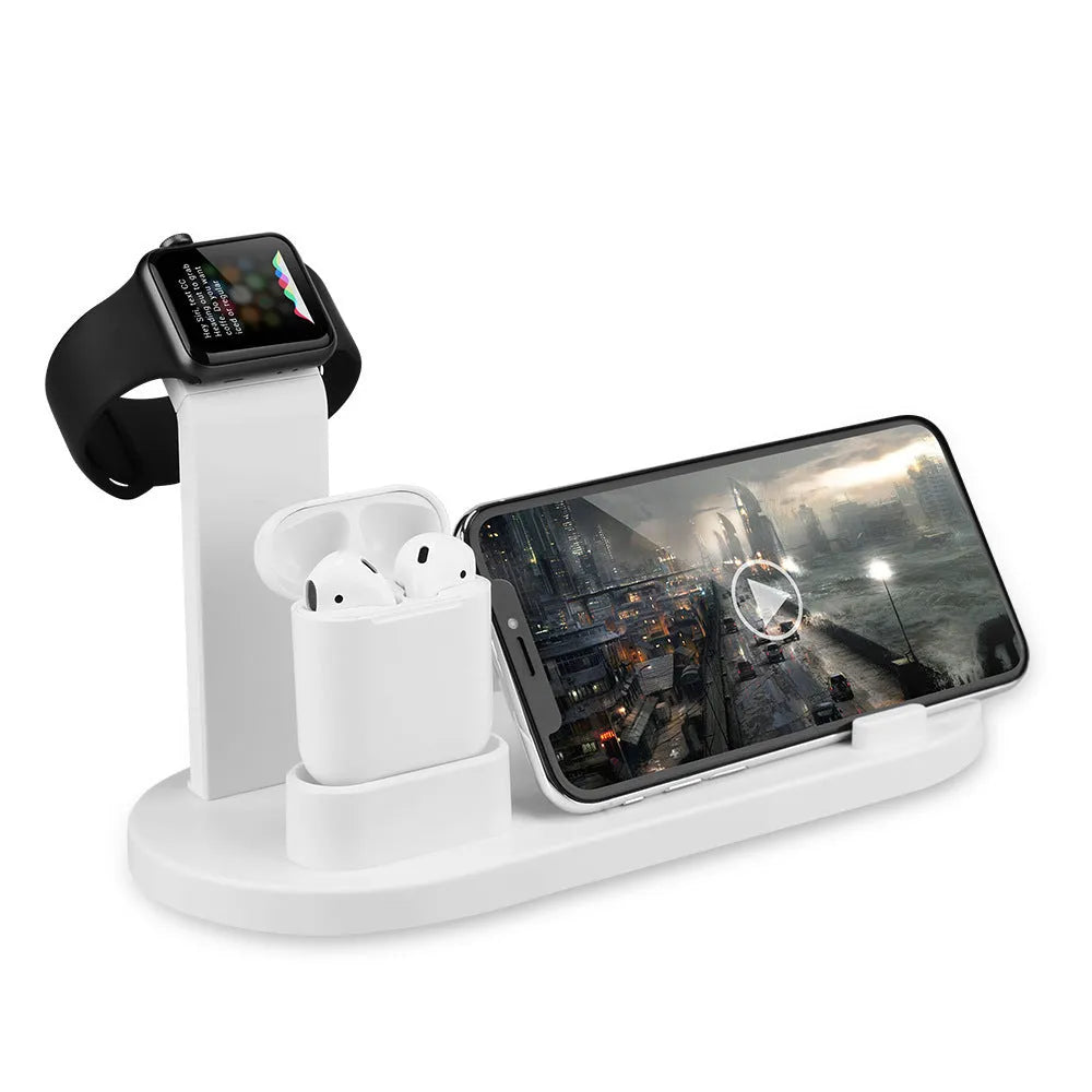 White and black USB charger headphone charging stand with three-in-one functionality
