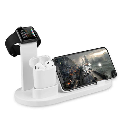 White and black USB charger headphone charging stand with three-in-one functionality