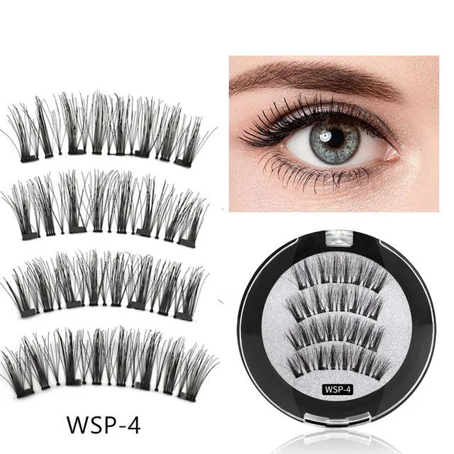 Four magnet false eyelashes in imported fibre with hand made construction and optional eyelash curler
