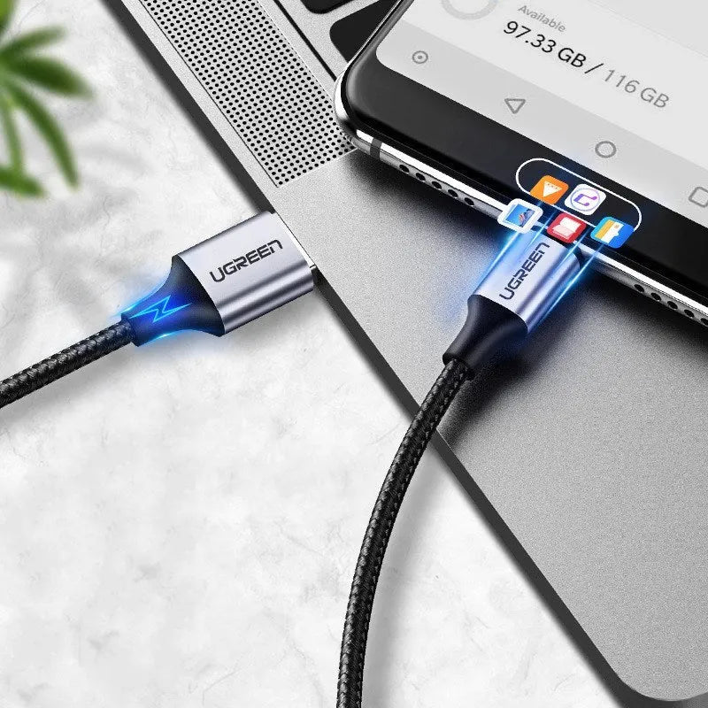 UGREEN nylon-braided USB-A to USB-C fast charging cable with alloy connectors for Samsung S10.