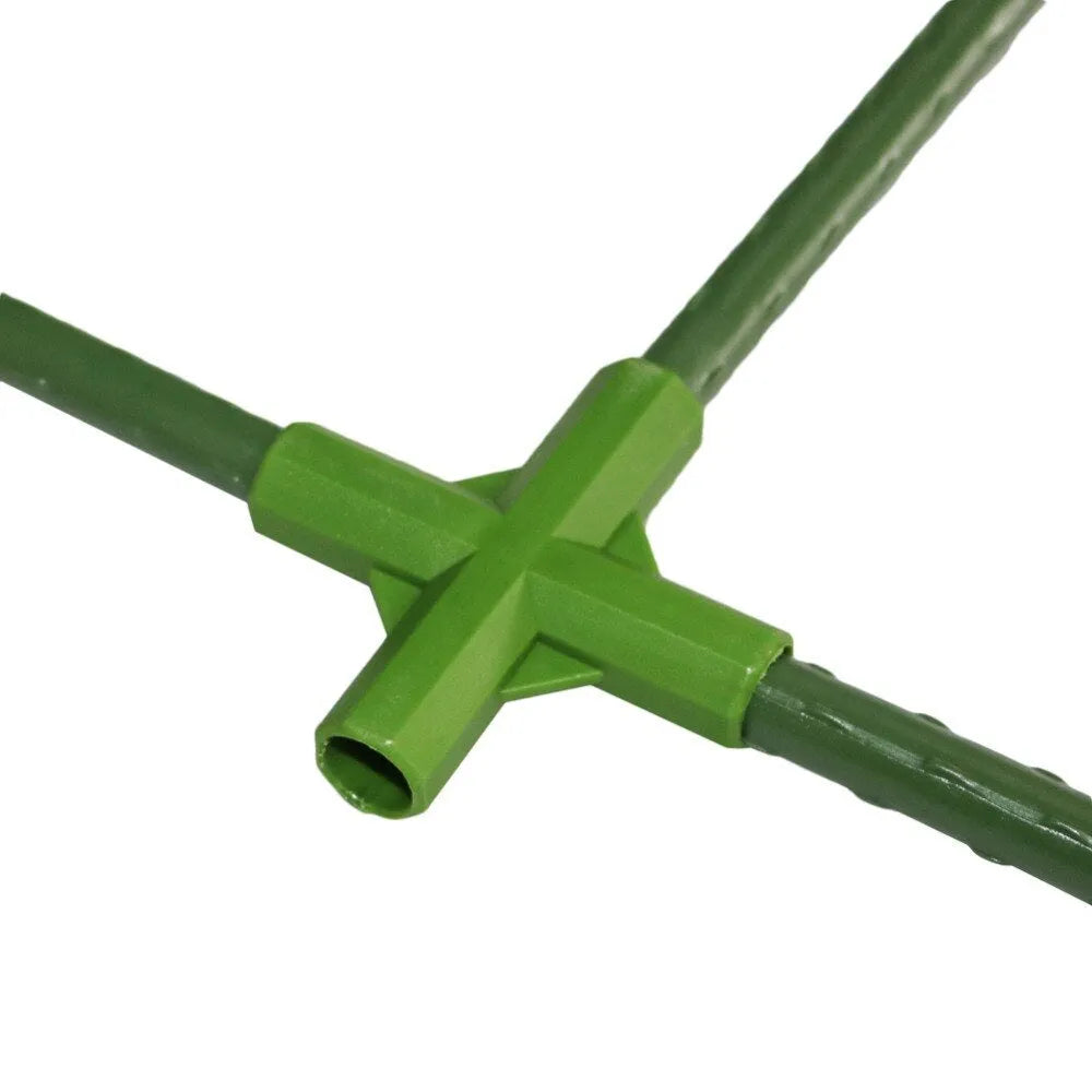 Two white plastic 3-way and 4-way connectors for joining 11mm garden poles to build plant support frames.