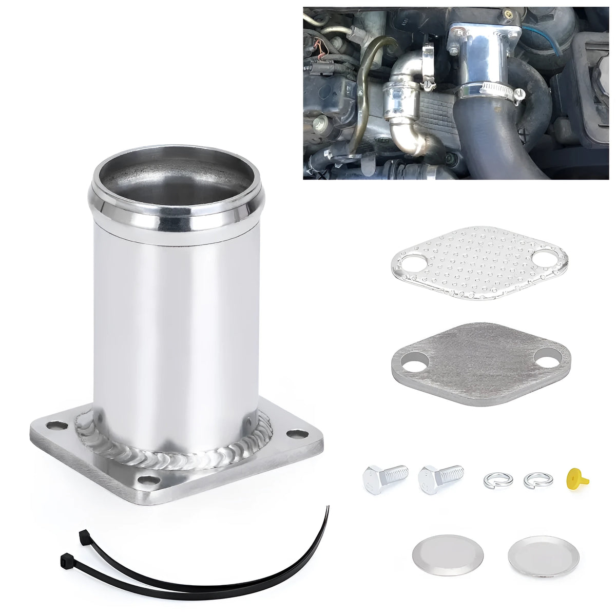 BMW E46 diesel EGR delete kit showing black removal tube, blanking plates, bolts, and vacuum plug