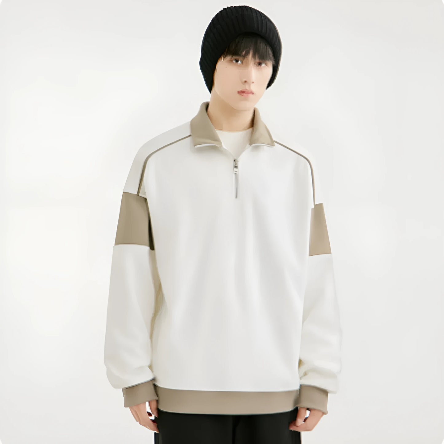 Men's rabbit fur corduroy hooded sweater with drop shoulders and loose lapels in beige colour