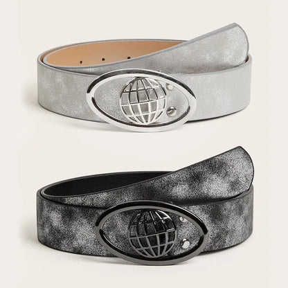 Retro thick women's belt with oval alloy buckle in earth style grey white colour