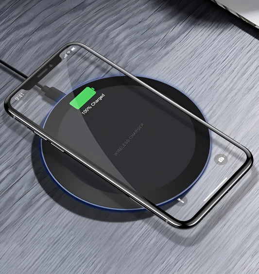 Black 10W 5W wireless phone charger pad, 100x8mm, ABS and PC, with Micro USB cable