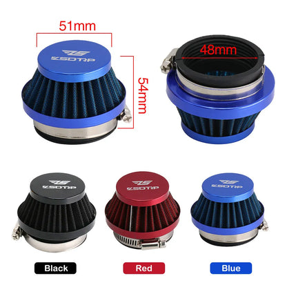 Universal motorcycle air filter E-DGT in 48mm, 55mm, and 60mm sizes, available in black, blue, and red