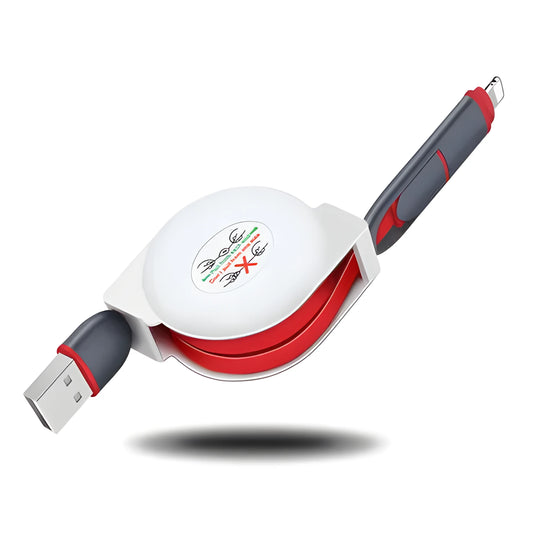 Black telescopic 3-in-1 charging cable with titanium alloy connectors extended on a white background.