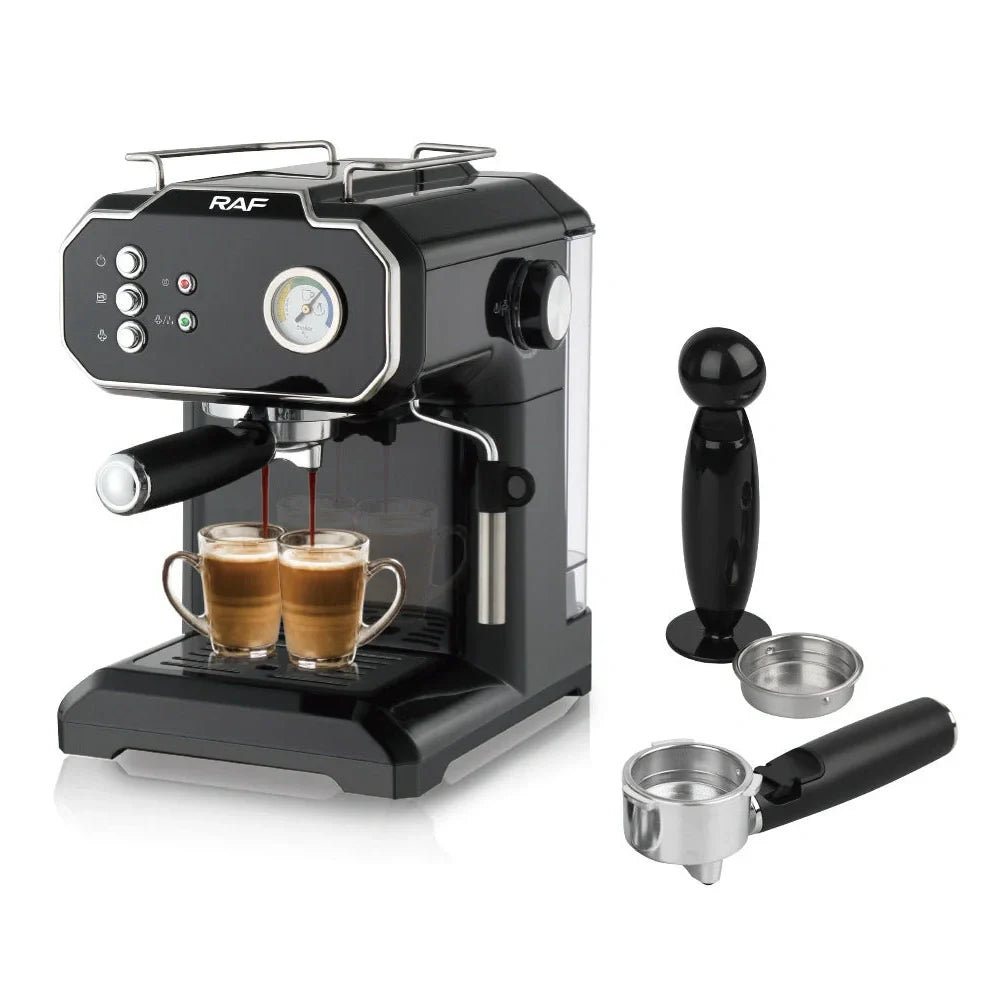 Black semi-automatic coffee machine with LCD display and 1.5L capacity