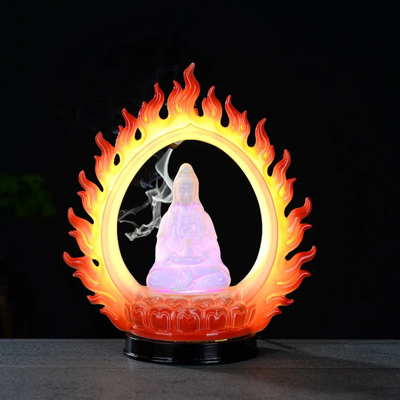 Purple clay tea pet ornament with downward flowing incense smoke and warm LED illumination