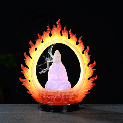 Purple clay tea pet ornament with downward flowing incense smoke and warm LED illumination