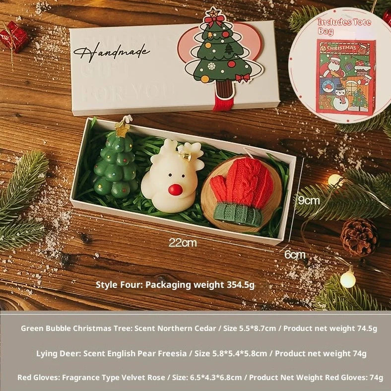 Handmade Christmas scented candle gift set with 9 designs, wooden display pad, and handbag