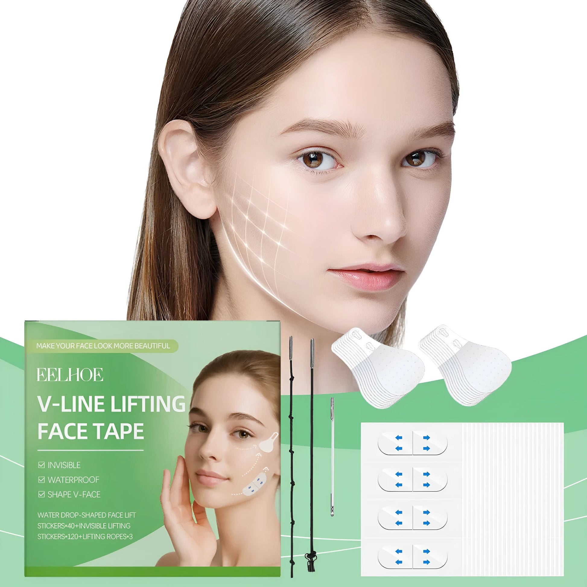 Facial lifting tape kit showing invisible patches, droplet-shaped stickers, and adjustable lifting ropes for face shaping