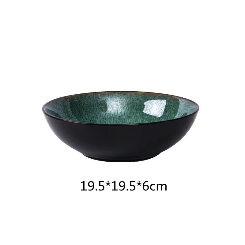 Retro European style porcelain bowls and plates set with round shape on dining table