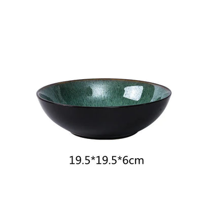 Retro European style porcelain bowls and plates set with round shape on dining table