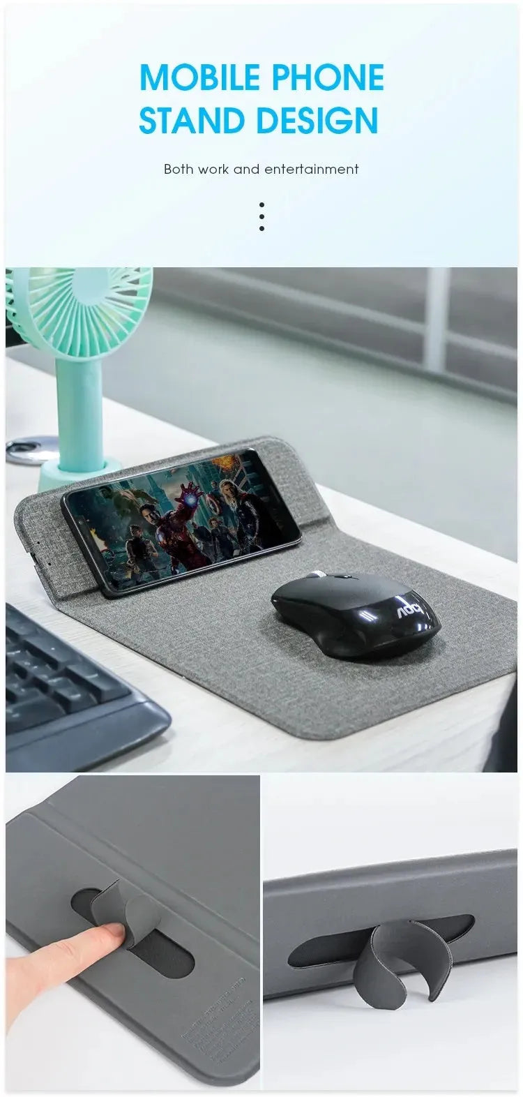 Foldable cloth phone holder unfolded on a table, wirelessly charging a smartphone with 10W power