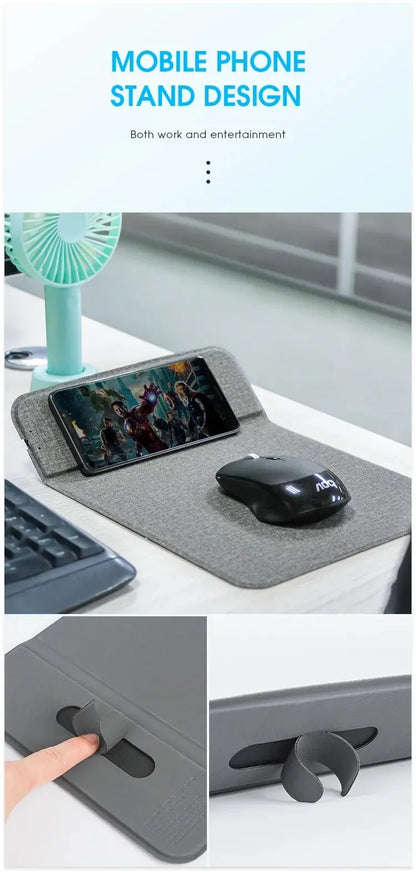 Foldable cloth phone holder unfolded on a table, wirelessly charging a smartphone with 10W power