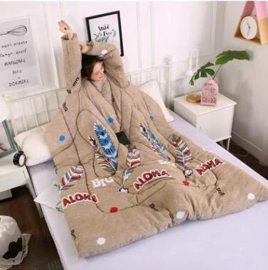 Cozy heated blanket with sleeves for comfortable lounging and hands-free relaxation