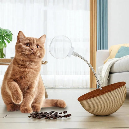 Auto-balancing cat interactive feeder toy in three types: tumbler teaser large, trumpet, and leaking food ball