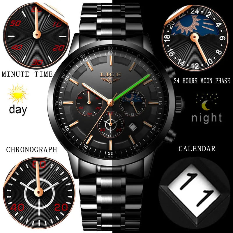 Men's waterproof sports watch in black with blue and rose gold colour options
