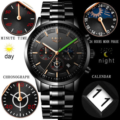 Men's waterproof sports watch in black with blue and rose gold colour options