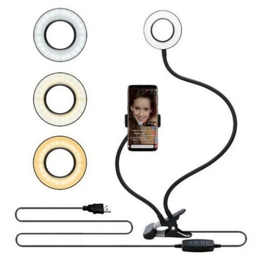 Adjustable LED Selfie Ring Light with universal phone holder and USB power