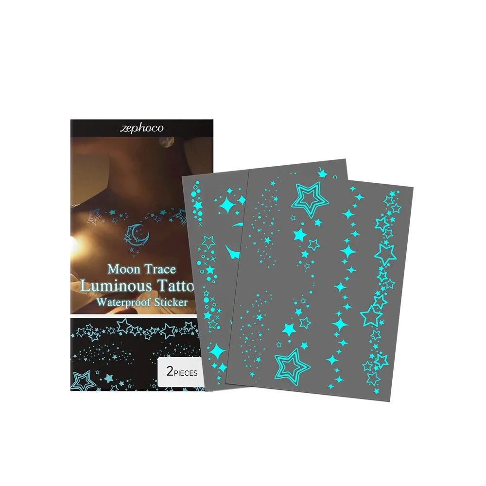 Luminous temporary tattoo stickers glowing on skin with water-based paste containing aloe extract