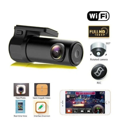 Mini WIFI Car DVR Camera in black with compact design for vehicle safety monitoring