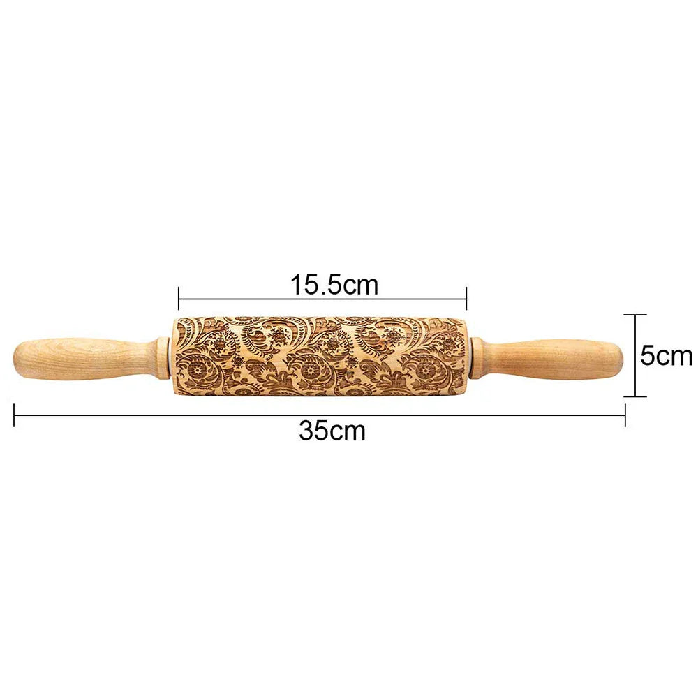 Festive rolling pin with embossed Christmas designs for easy imprinting on dough
