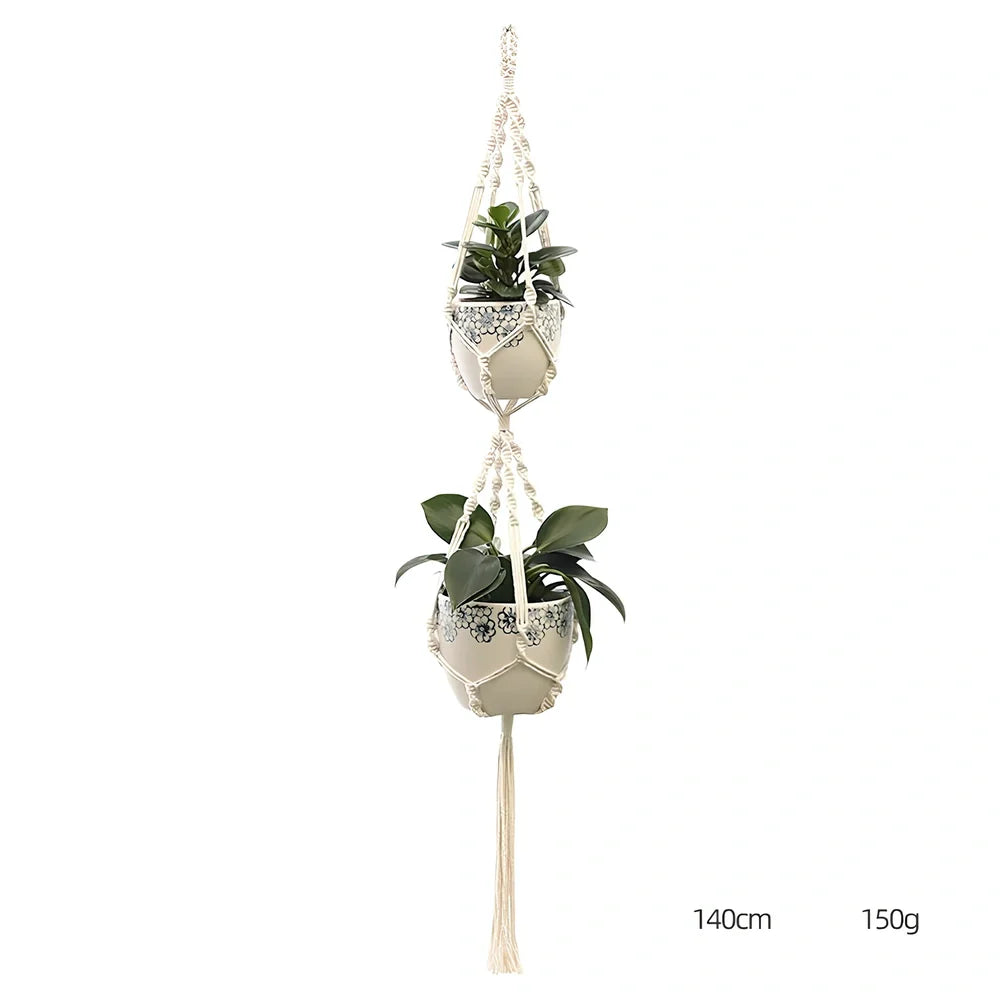 Hand-knitted cotton flowerpot net bag showing intricate pattern and hanging installation with plant