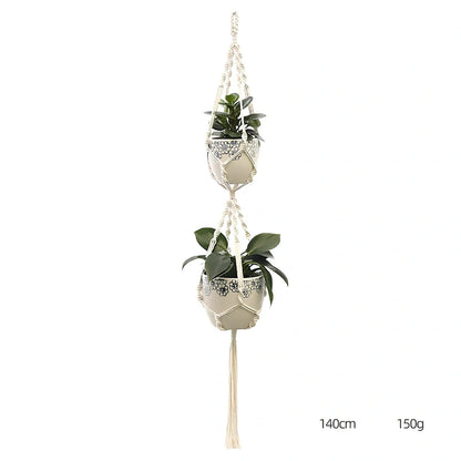 Hand-knitted cotton flowerpot net bag showing intricate pattern and hanging installation with plant