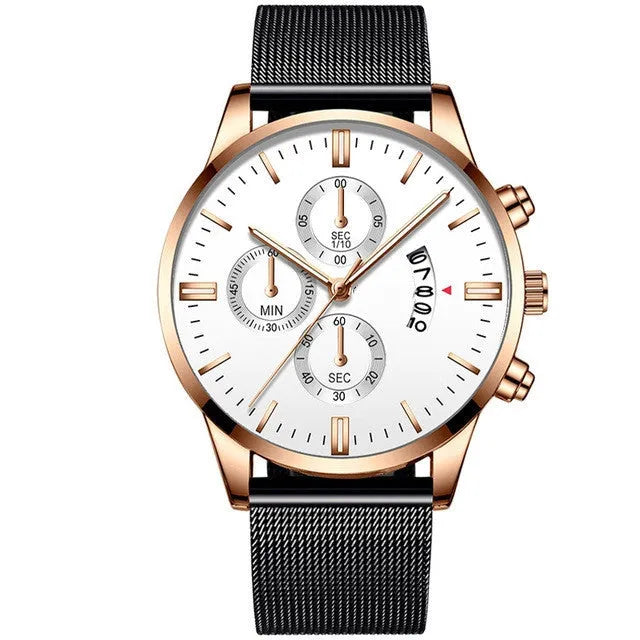 Men's stainless steel mesh band quartz watch with analog dial on a wrist.