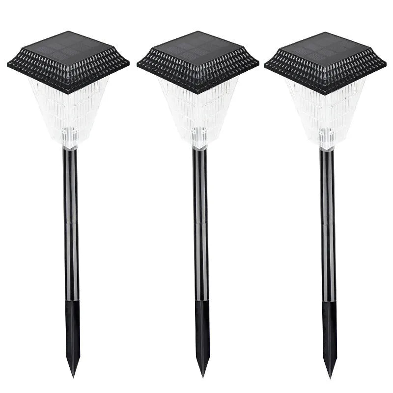 Solar garden light with 12 LED light source providing warm white (3500K), daylight white (6500K), and four colour effects, including flame light, powered by a 1.5V / 1200MAH AA Ni-MH rechargeable battery for up to 8-10 hours of operation