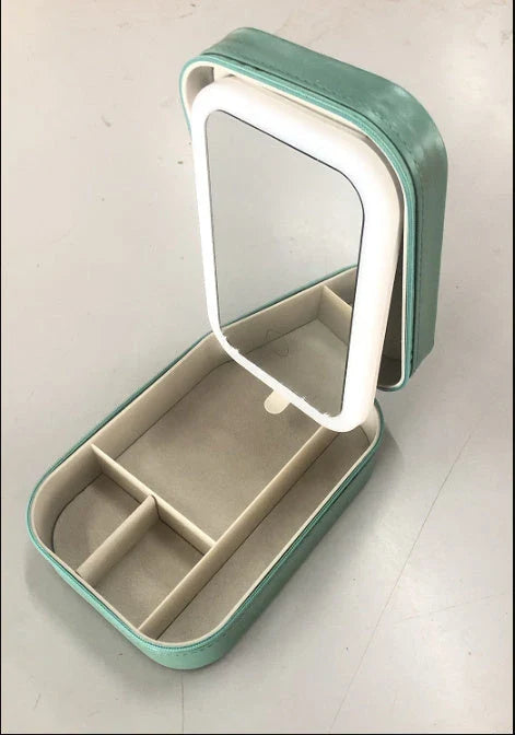 Elegant lighted makeup organizer with adjustable LED mirror, compact storage compartment, and touch-sensitive brightness control