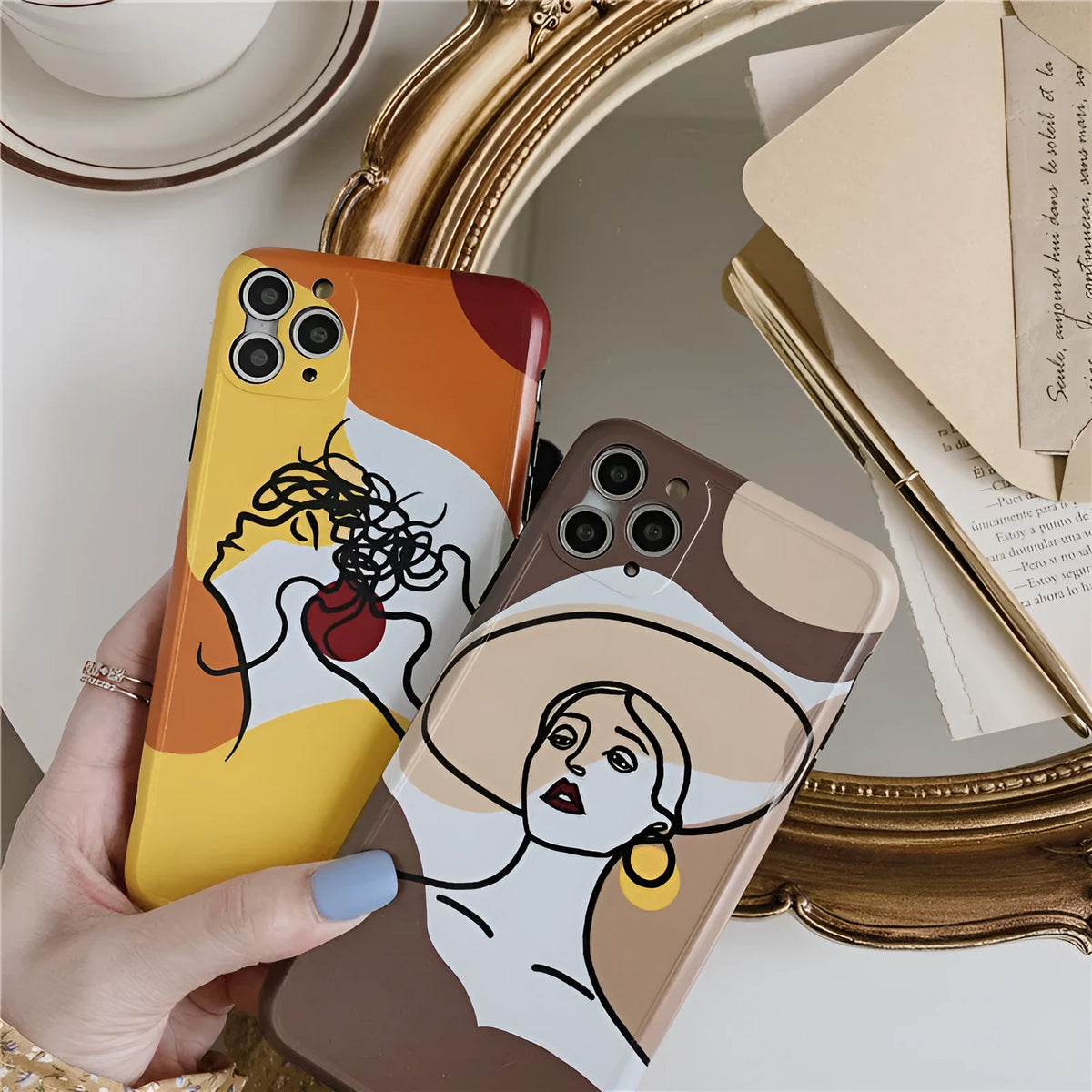 Orange yellow soft glue iPhone case with line art cartoon design for Apple iPhone 11 Pro Max.