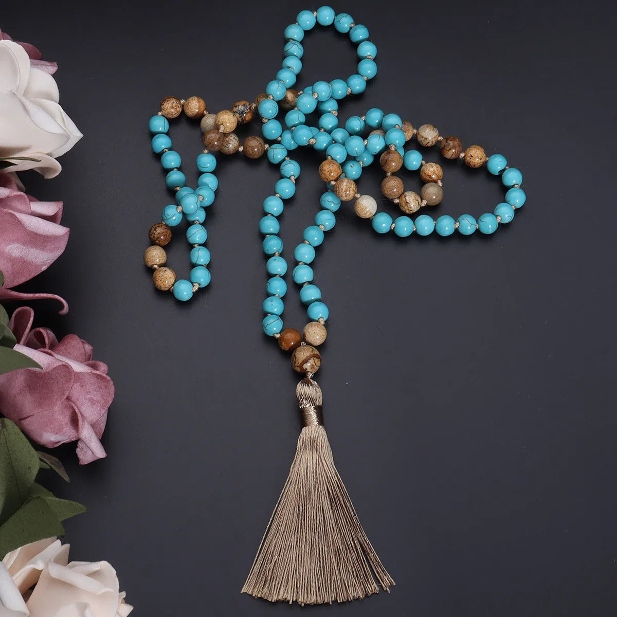 108-bead turquoise mala necklace with geometric ball bead chain showing blue pine stone colour