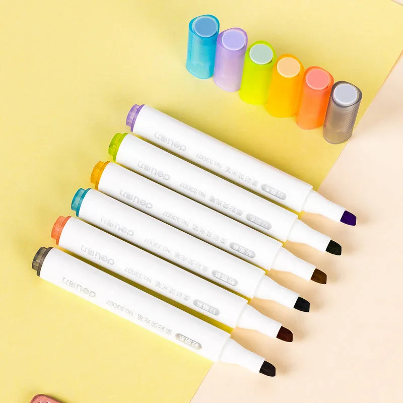 Deli S605 soft colour highlighter marker pen with oblique fibre tip for students note taking and children's drawing, available in macaron, crystal and dark colour sets with solid or transparent penholders