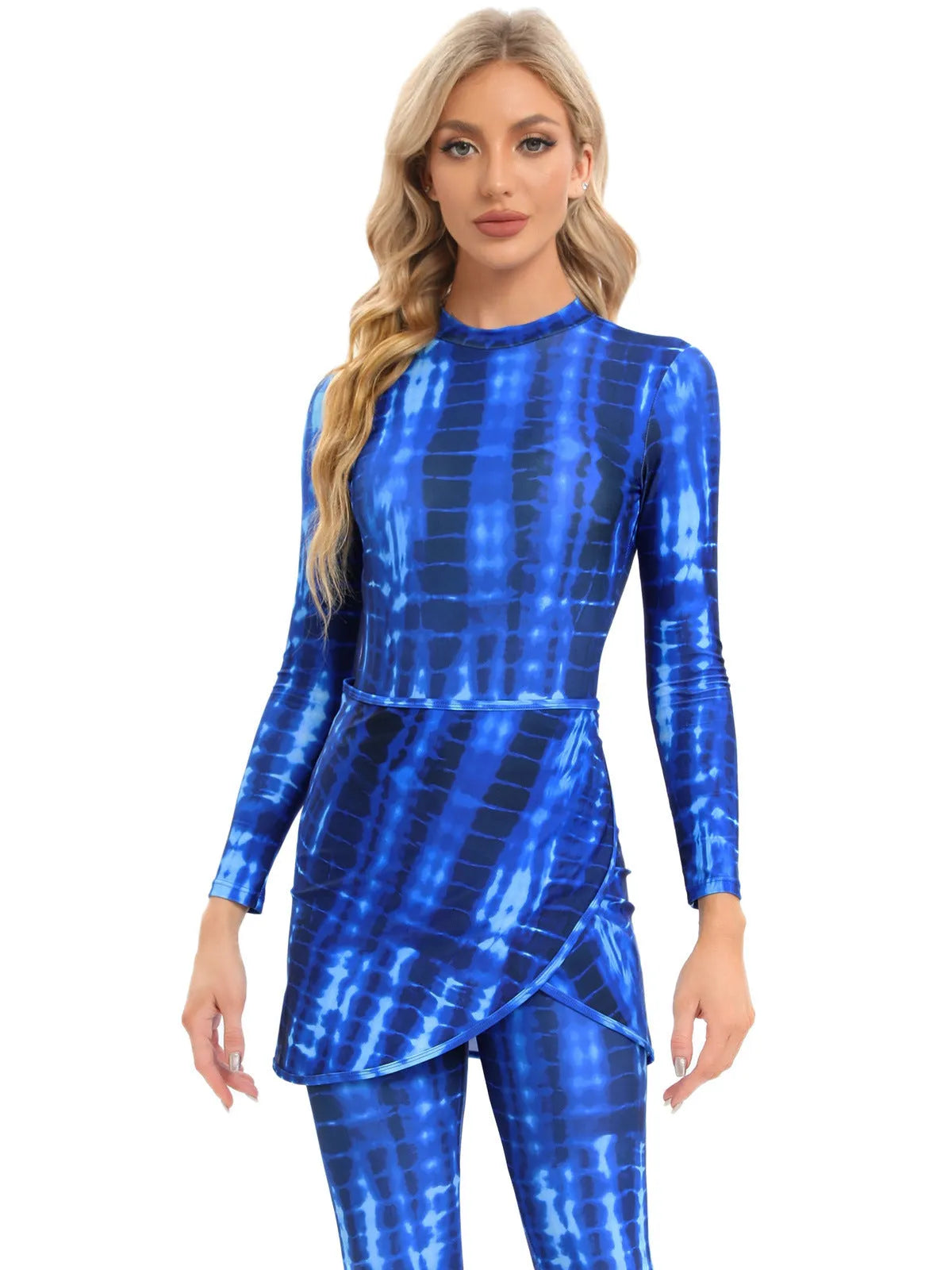 Muslim conservative beach swimsuit three-piece set with long sleeves and matching apron in polyester fabric