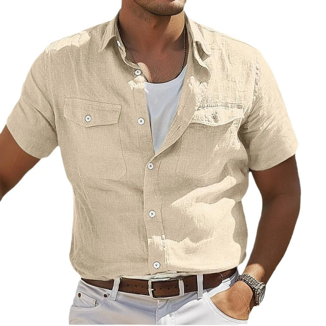 Men's loose cotton cardigan shirt with polo collar in solid colour options