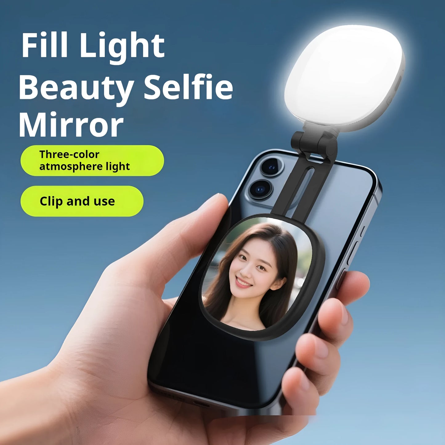Black and white mini mobile phone fill light with magnetic holder attached to a smartphone