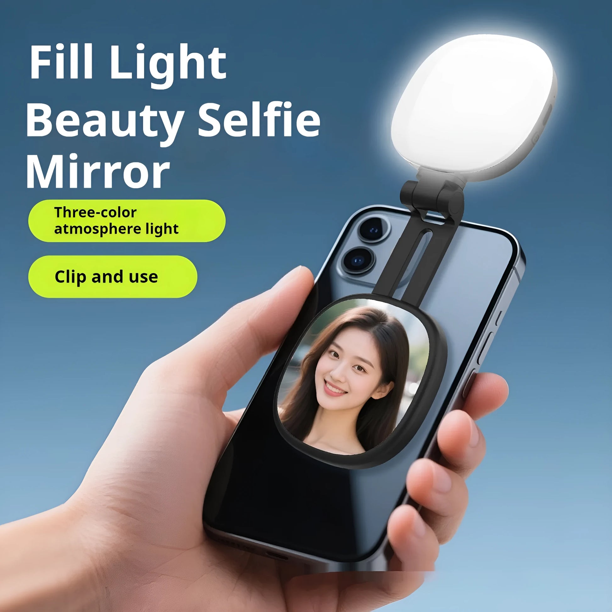 Black and white mini mobile phone fill light with magnetic holder attached to a smartphone
