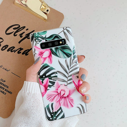 Samsung phone case with green leaf flower design on TPU back cover