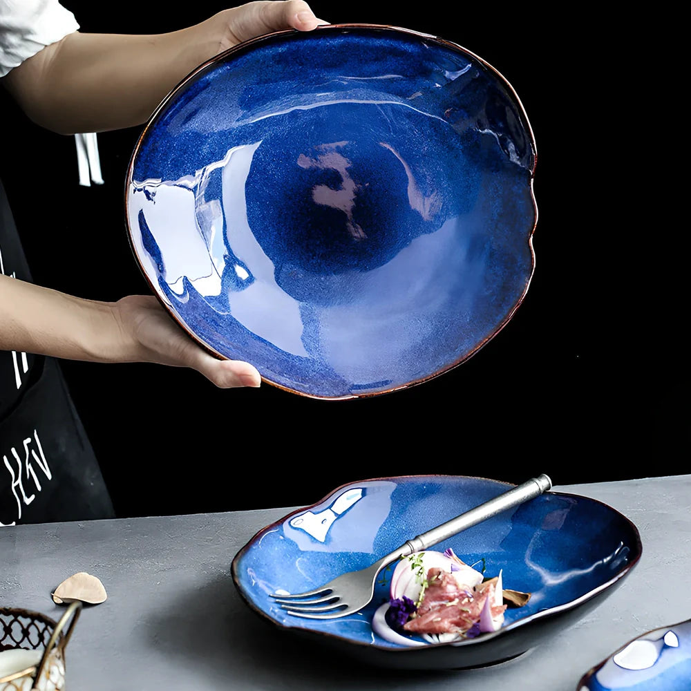 Deep blue irregular ceramic flat plate, 20.5cm diameter with kiln glaze, smooth surface for easy cleaning
