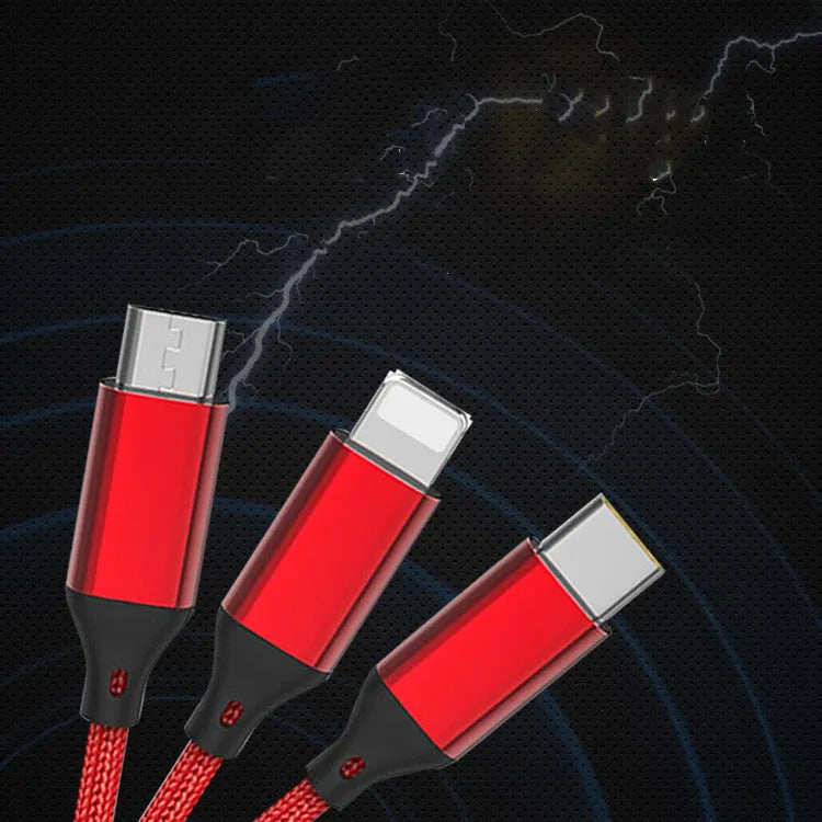 Red 3-in-1 nylon braided charging cable with three connector types on a 1.2m cord