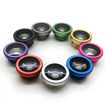 Three-in-one mobile phone camera lens kit showing fisheye, wide-angle, and macro lenses with universal clip in assorted colours.