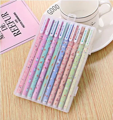 10 pack coloured gel pens in black and colourful options with animal, cat, class, flower, and forest styles for school and office stationery