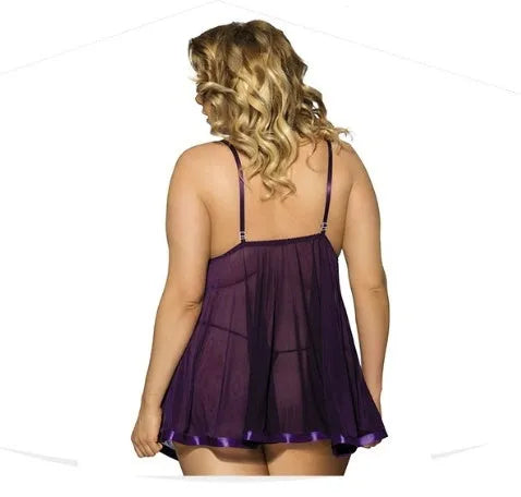 Women's purple lace mesh sling dress lingerie on a hanger