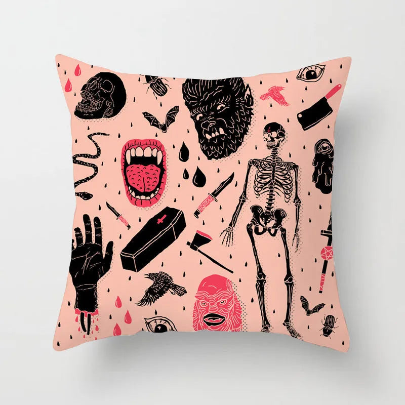Halloween-themed cartoon print cushion cover on a sofa, 45x45 cm size.