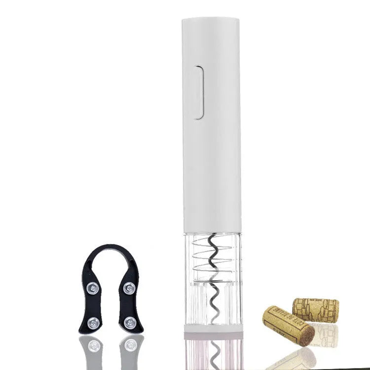 Black automatic electric wine opener with foil cutter showing battery compartment and cork removal mechanism