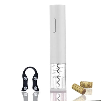 Black automatic electric wine opener with foil cutter showing battery compartment and cork removal mechanism