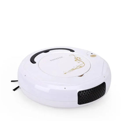 Blue floor sweeping robot vacuum cleaner on a wooden floor
